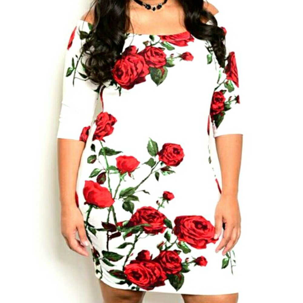 White Red Rose Off Shoulder Bodycon Plussize Dress